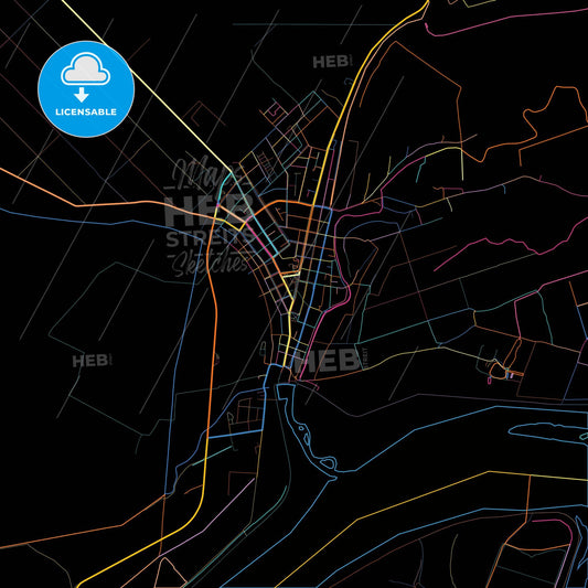 Kovin, South Banat, Serbia, colorful city map on black background