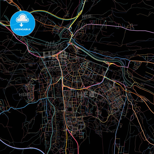 Žilina, Žilina Region, Slovakia, colorful city map on black background