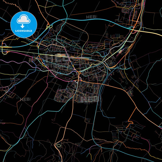 Poprad, Prešov Region, Slovakia, colorful city map on black background
