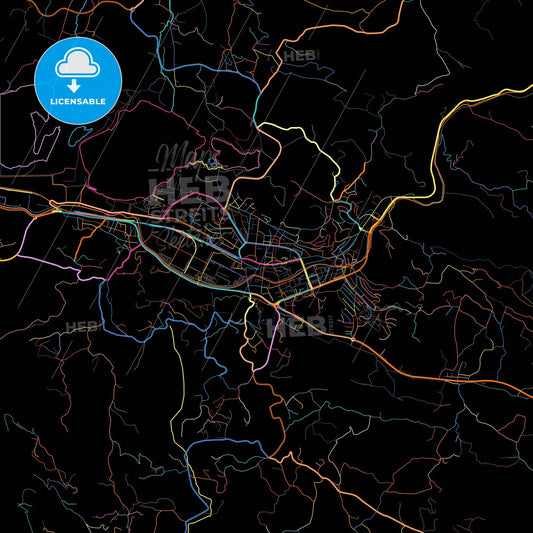 Velenje, Slovenia, colorful city map on black background