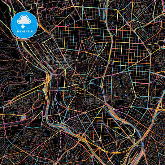 Madrid, Spain, colorful city map on black background