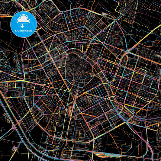 Valencia, Spain, colorful city map on black background