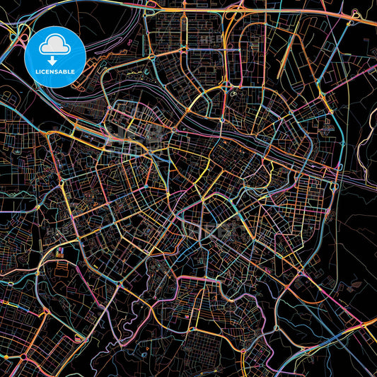 Zaragoza, Spain, colorful city map on black background