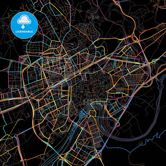 Córdoba, Spain, colorful city map on black background