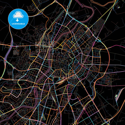 Valladolid, Spain, colorful city map on black background