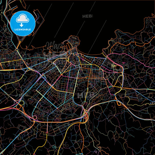 Gijón, Asturias, Spain, colorful city map on black background