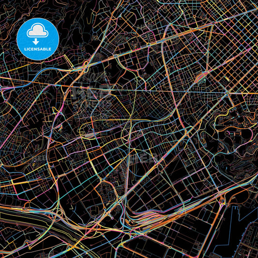 L Hospitalet de Llobregat, Barcelona, Spain, colorful city map on black background