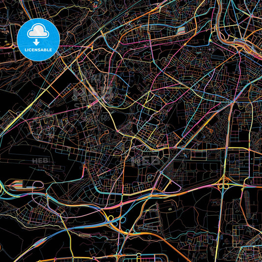 Carabanchel, Madrid, Spain, colorful city map on black background