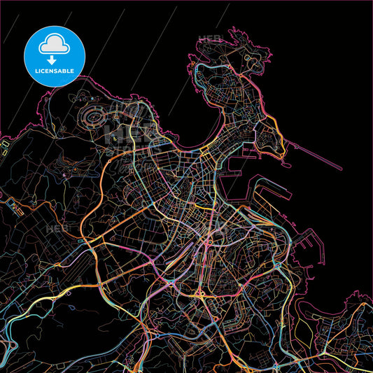 A Coruña, Spain, colorful city map on black background