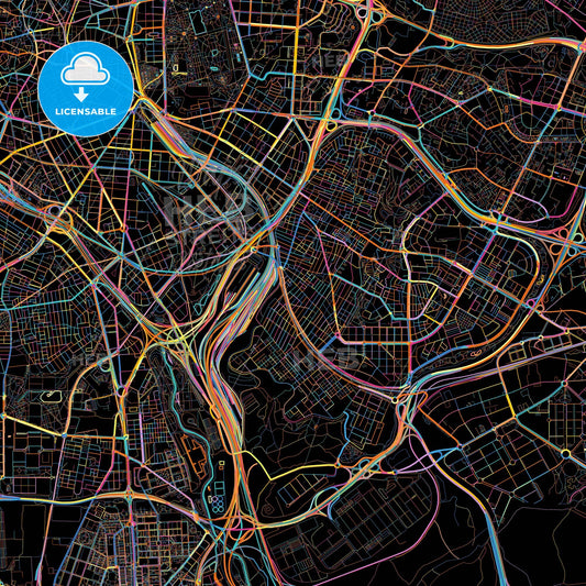 Puente de Vallecas, Madrid, Spain, colorful city map on black background