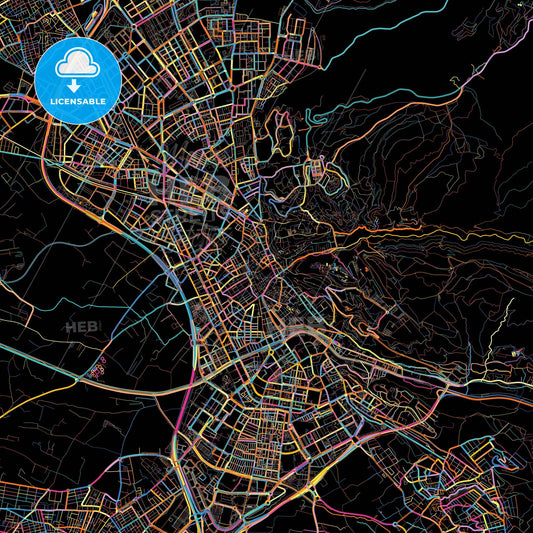Granada, Spain, colorful city map on black background