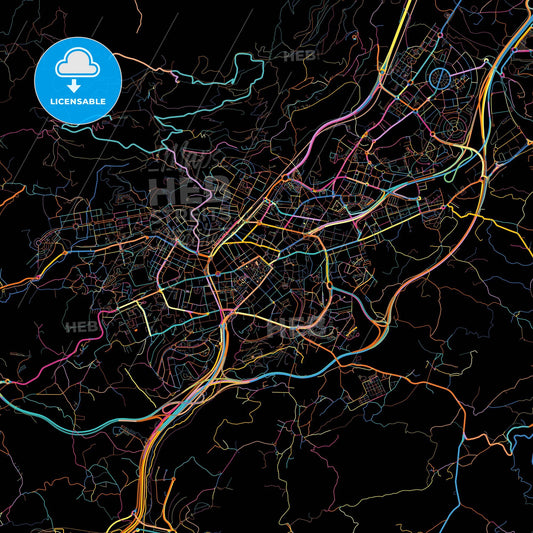 Oviedo, Asturias, Spain, colorful city map on black background