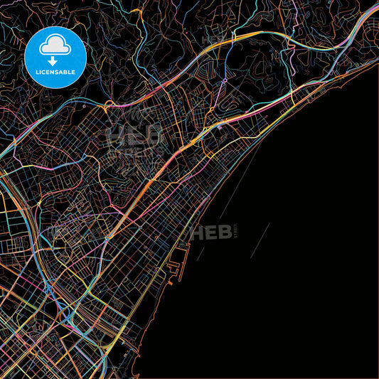 Badalona, Barcelona, Spain, colorful city map on black background