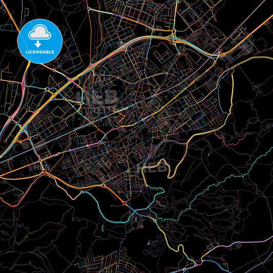 Alcalá de Henares, Madrid, Spain, colorful city map on black background