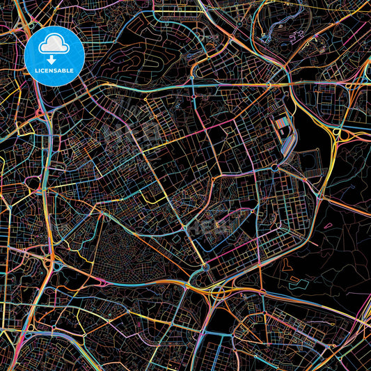 San Blas, Madrid, Spain, colorful city map on black background