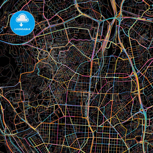 Tetuán de las Victorias, Madrid, Spain, colorful city map on black background