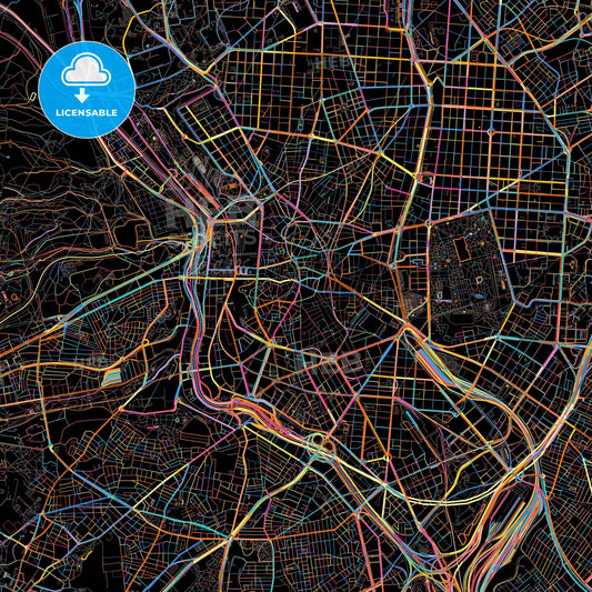 City Center, Madrid, Spain, colorful city map on black background