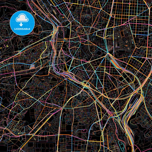 Arganzuela, Madrid, Spain, colorful city map on black background