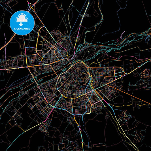 Badajoz, Spain, colorful city map on black background