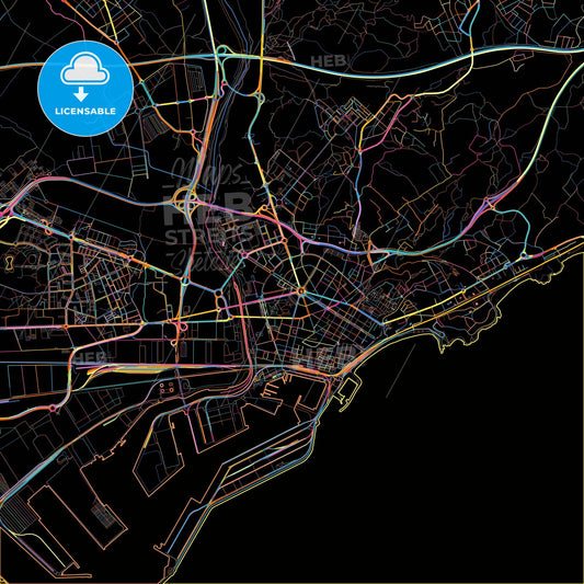 Tarragona, Spain, colorful city map on black background