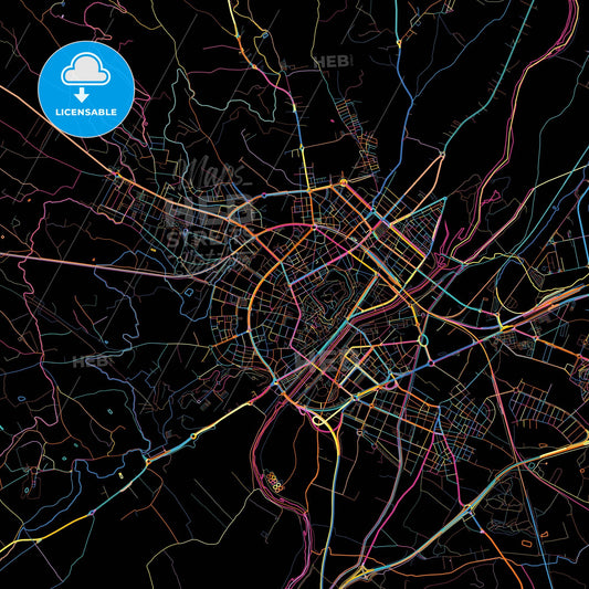 Lleida, Spain, colorful city map on black background