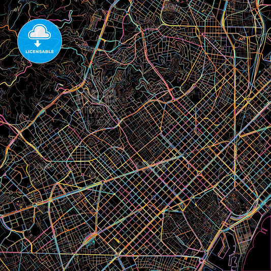 Gràcia, Barcelona, Spain, colorful city map on black background