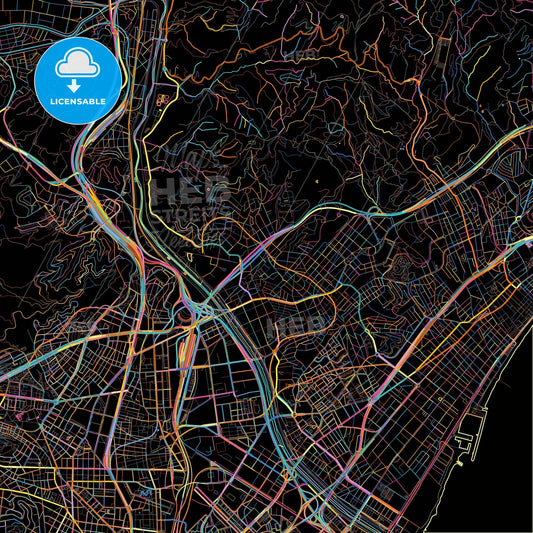 Santa Coloma de Gramenet, Barcelona, Spain, colorful city map on black background