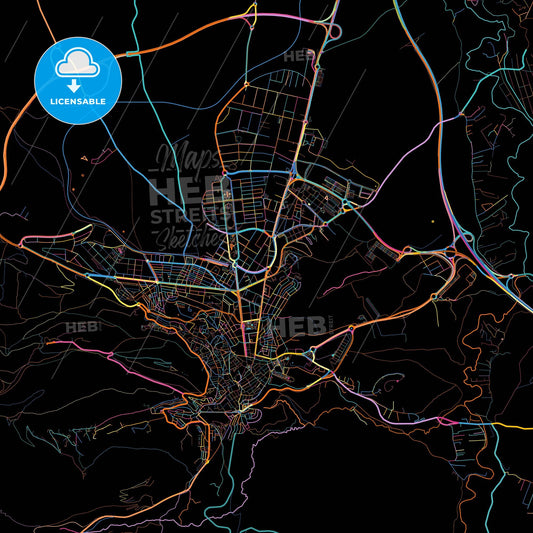 Jaén, Spain, colorful city map on black background