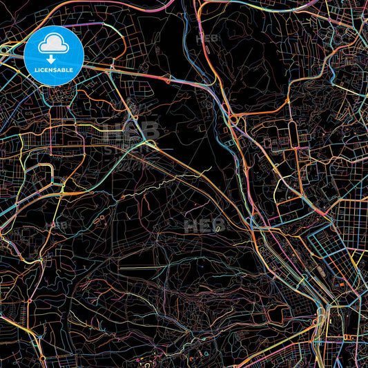 Moncloa-Aravaca, Madrid, Spain, colorful city map on black background