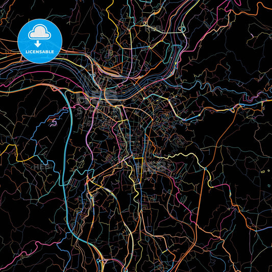 Ourense, Province of Ourense, Spain, colorful city map on black background