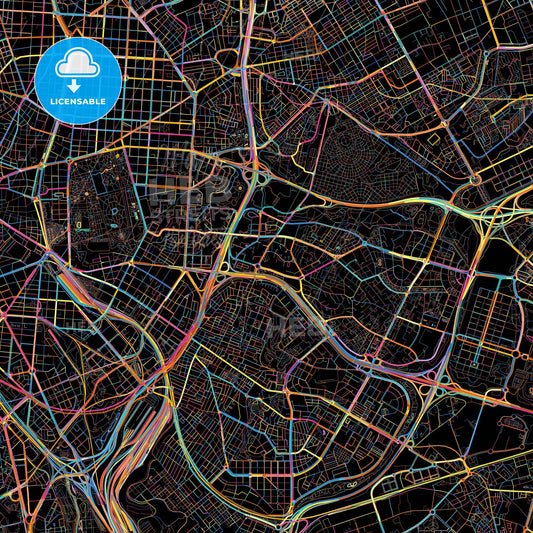 Moratalaz, 28030 Madrid, Spain, colorful city map on black background