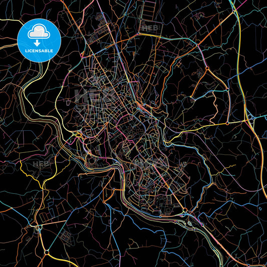 Lugo, Spain, colorful city map on black background