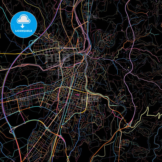 Girona, Spain, colorful city map on black background