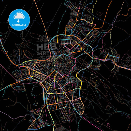 Cáceres, Cáceres, Spain, colorful city map on black background