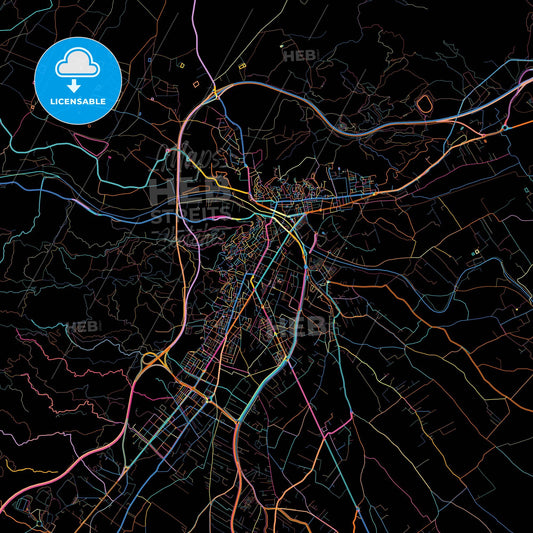 Lorca, Murcia, Spain, colorful city map on black background