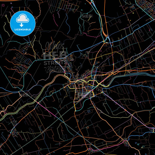 Orihuela, Alicante, Spain, colorful city map on black background