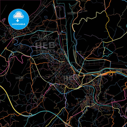 Avilés, Asturias, Spain, colorful city map on black background