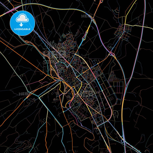 Palencia, Spain, colorful city map on black background