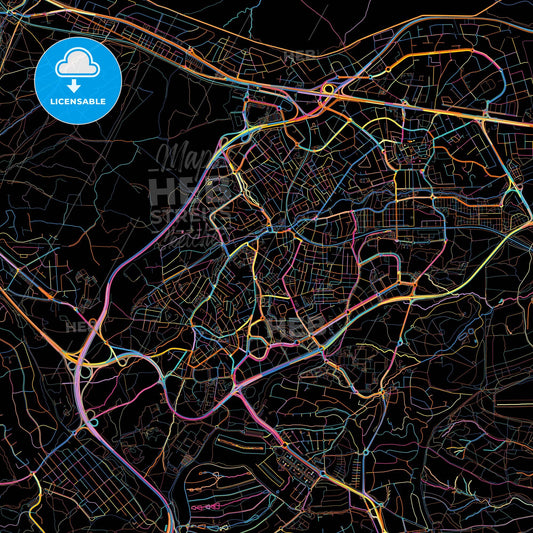 Pozuelo de Alarcón, Madrid, Spain, colorful city map on black background