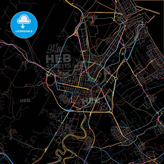 Gandia, Valencia, Spain, colorful city map on black background