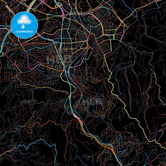 Sant Cugat del Vallès, Barcelona, Spain, colorful city map on black background