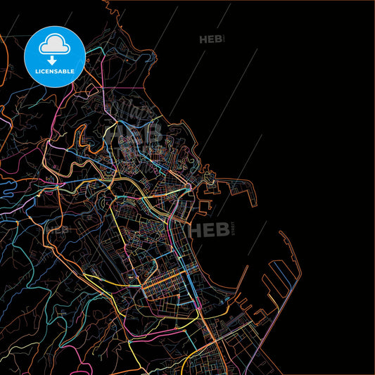 Melilla, Spain, colorful city map on black background