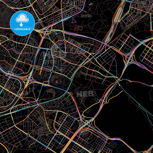 Vicálvaro, Madrid, Spain, colorful city map on black background