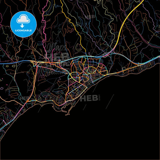 Estepona, Málaga, Spain, colorful city map on black background