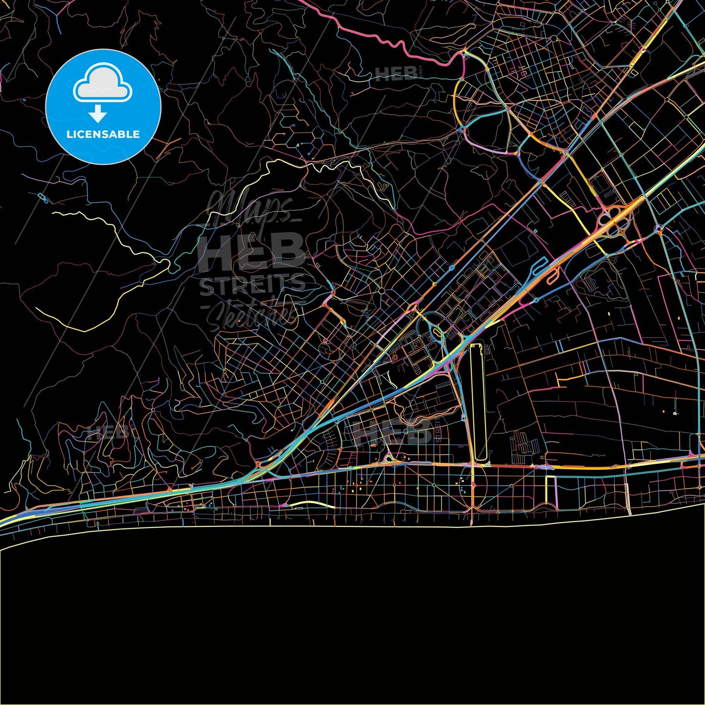 Castelldefels, Barcelona, Spain, colorful city map on black background