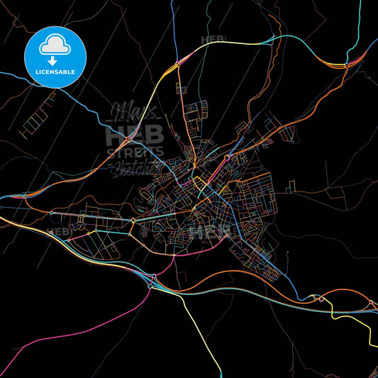 Linares, Jaén, Spain, colorful city map on black background