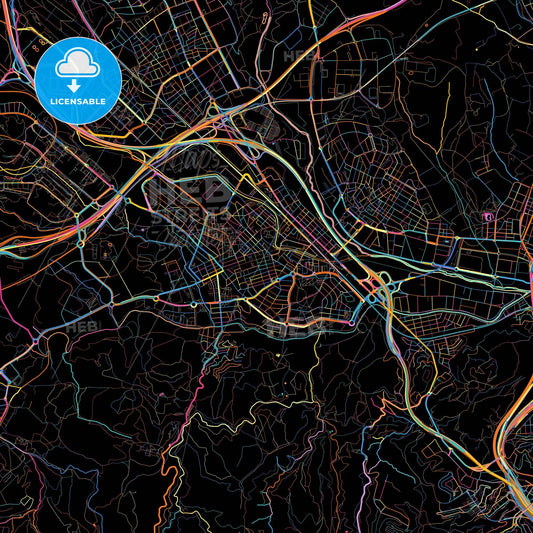 Cerdanyola del Vallès, Barcelona, Spain, colorful city map on black background