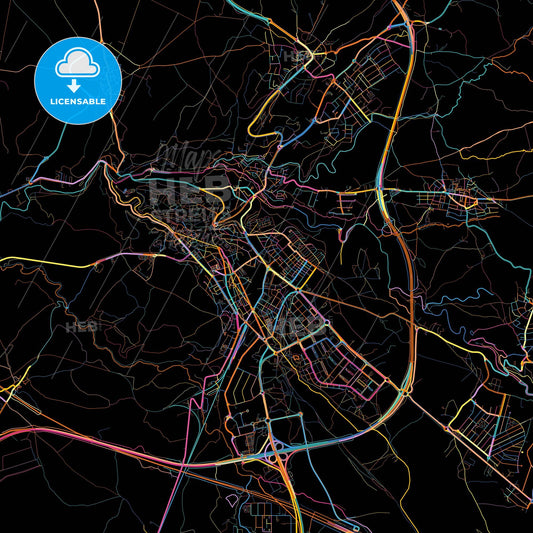 Segovia, Spain, colorful city map on black background