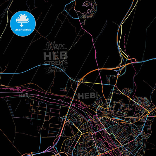 Mérida, 6800, Spain, colorful city map on black background