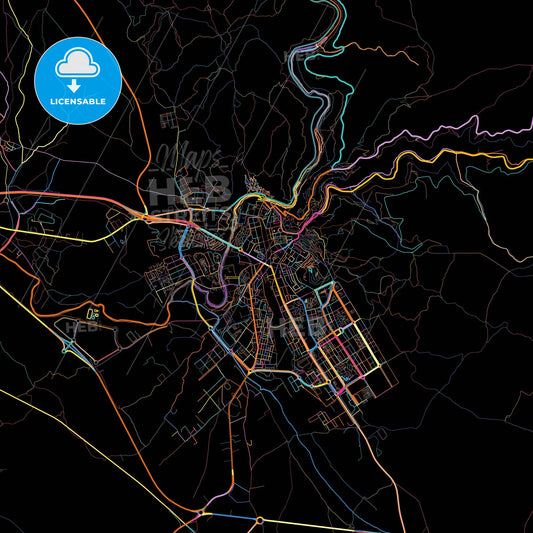 Cuenca, Spain, colorful city map on black background